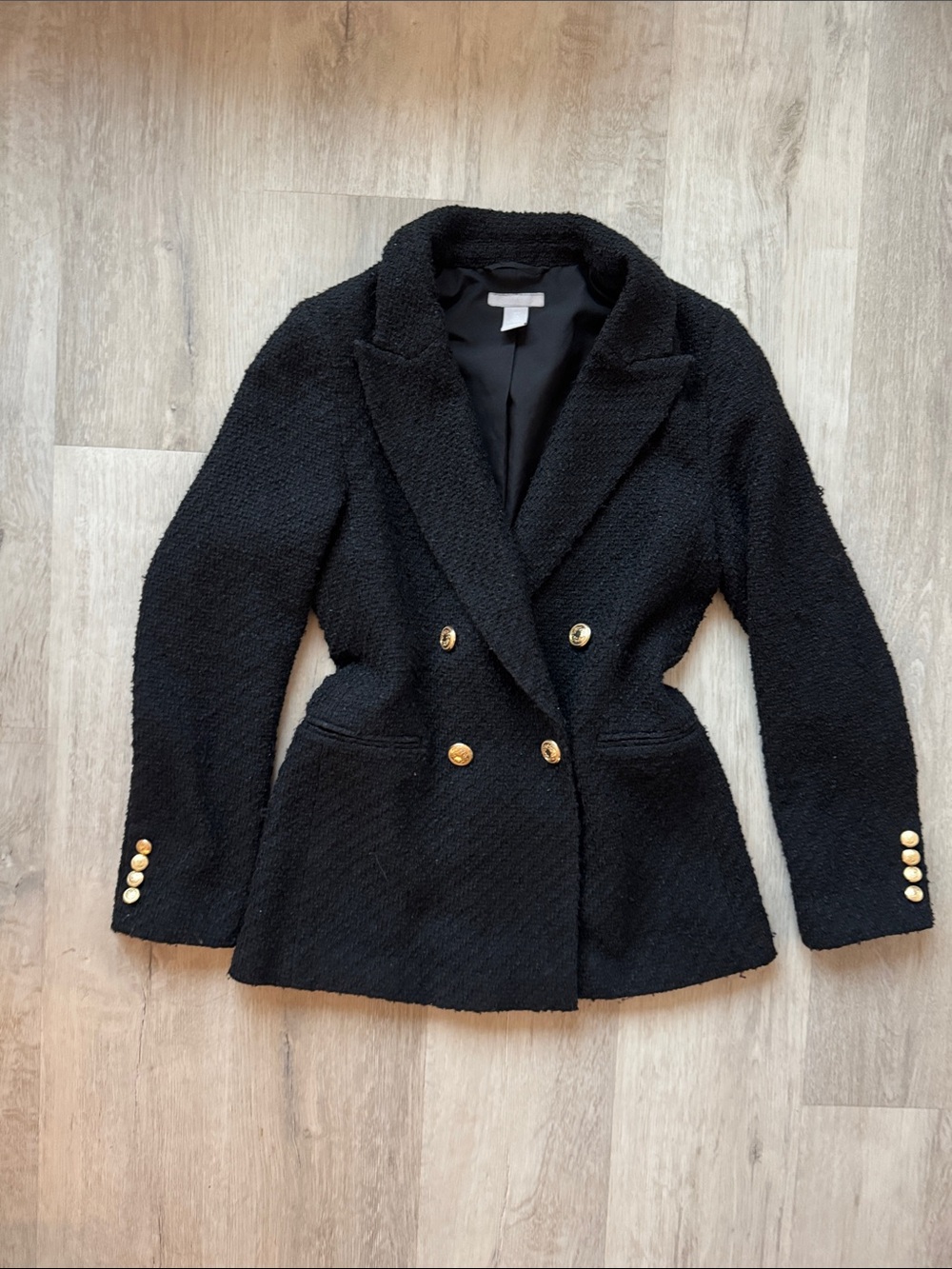 H&M Black Bouclé Double-Breasted Blazer with Gold Buttons